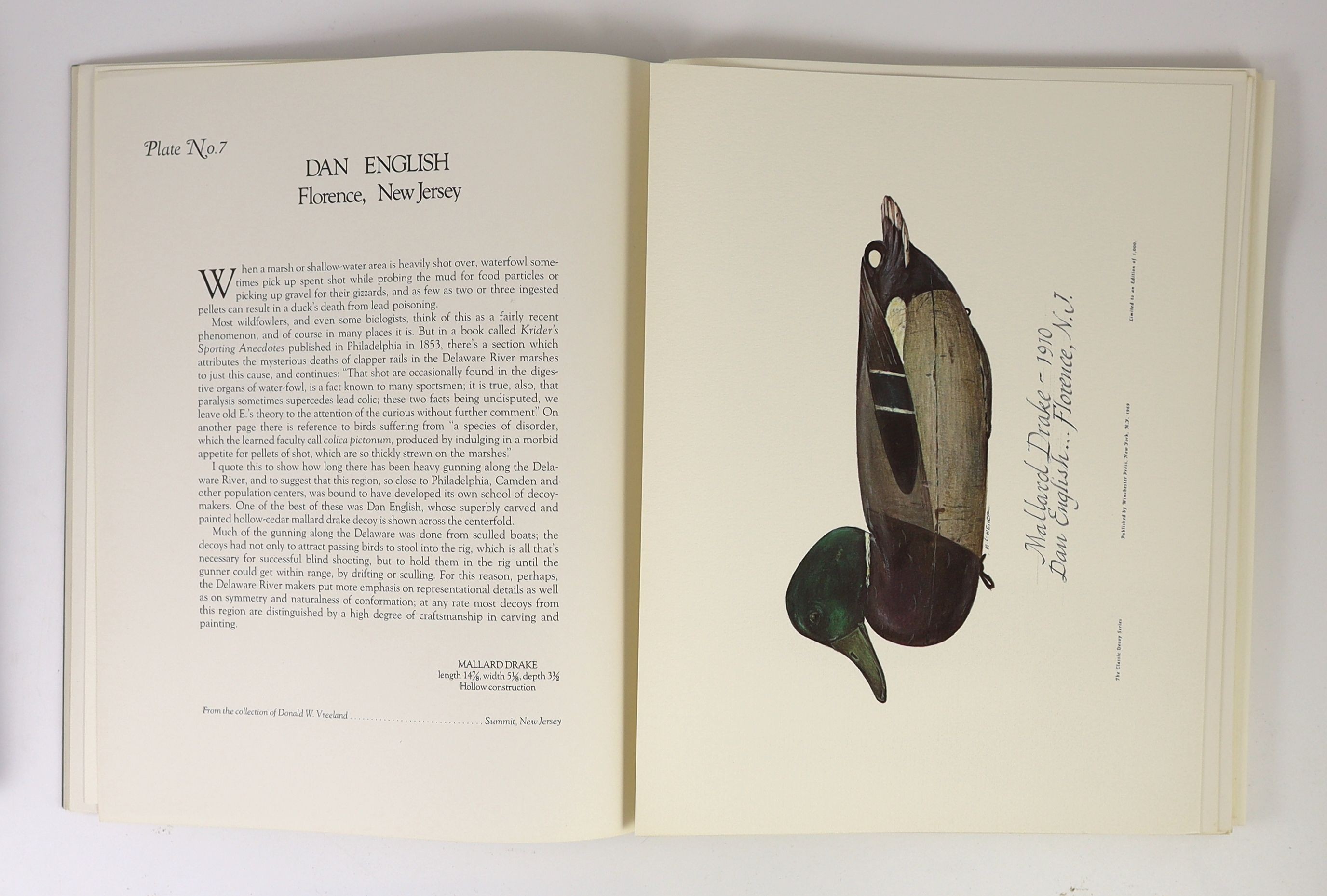 Weiler, Milton C. [Artist] Zern, Ed. [Text] The Classic Decoy Series. A Portfolio of Paintings by Milton C. Weiler. Small folio, Winchester Press, New York 1969. 24 loosely inserted coloured plates, soft cover ribbon bin
